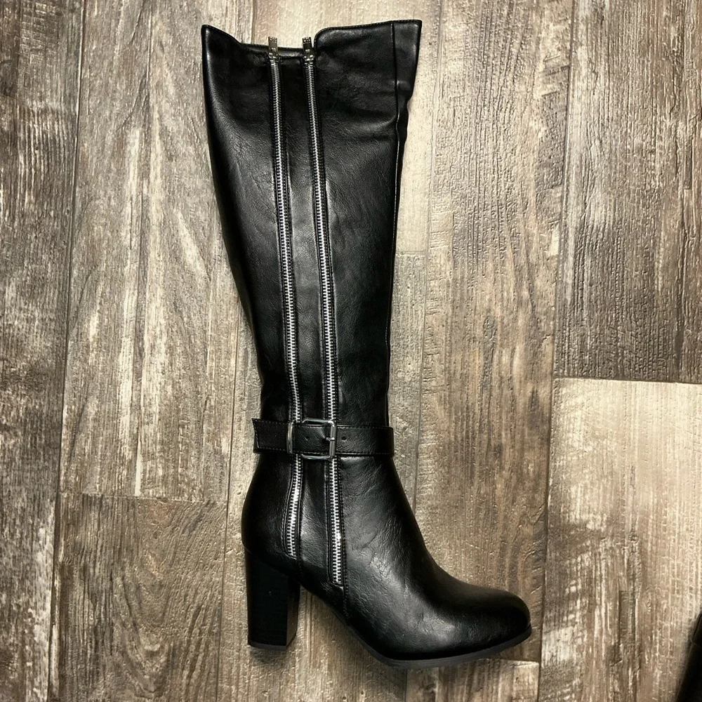 New York & Company Black Over-the-Knee Block Heel Boots with Dual Zippers Size 8